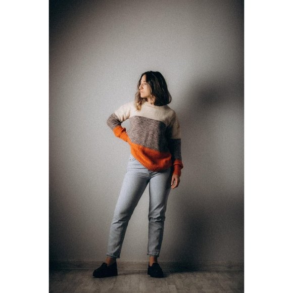 Womens Color Block Sweaters Long Sleeve Crewneck Pullover Knit Jumper Tops - Picture 5 of 6